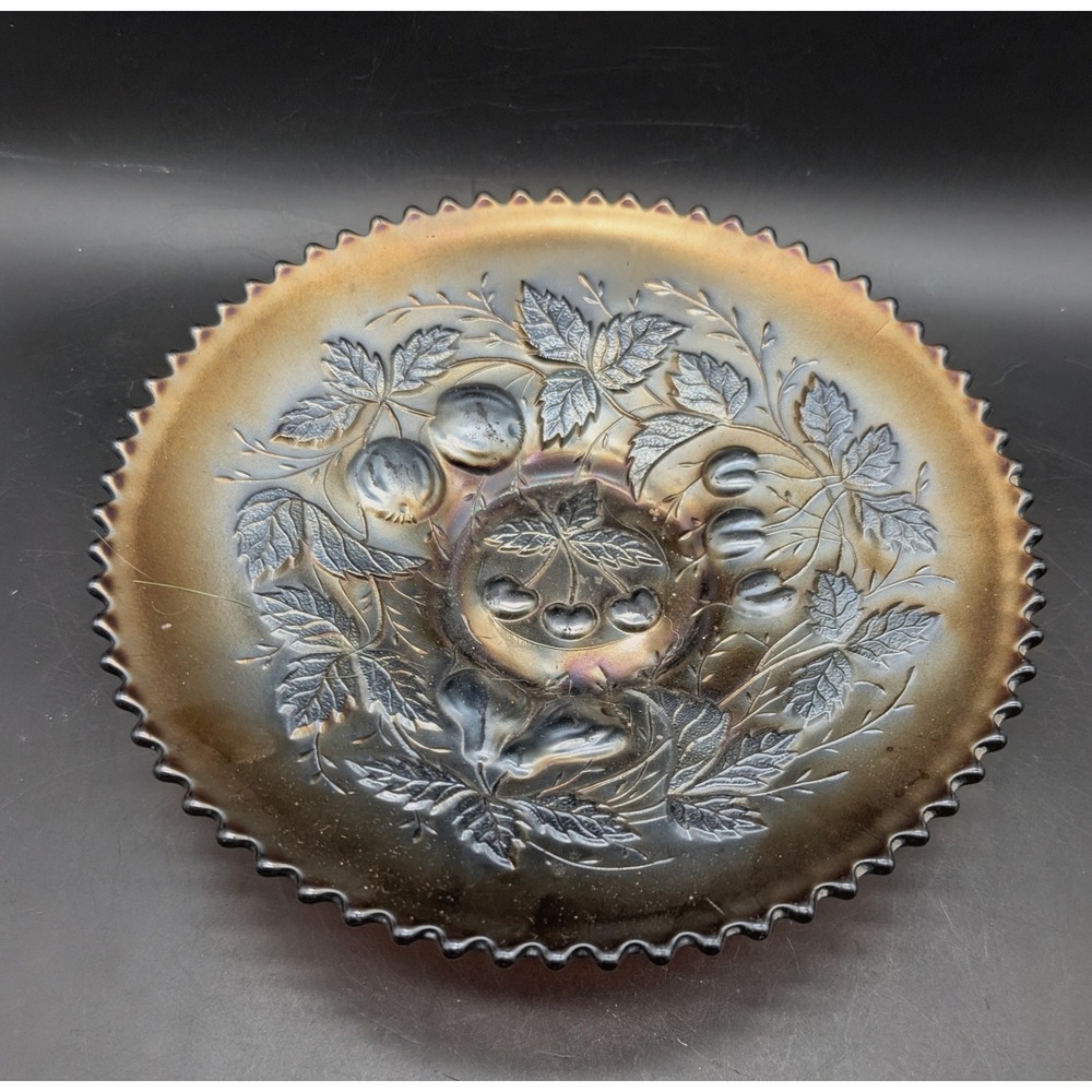 Northwood Amethyst Carnival Glass Three Fruits Ruffled Bowl Underlined N Mark